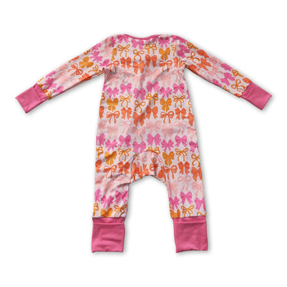 Long sleeves pink ruffle bows baby girls zipper romper