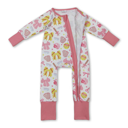 Long sleeves pink bow softball baby girls zipper romper