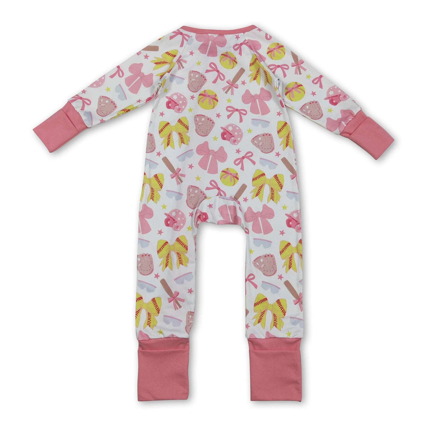 Long sleeves pink bow softball baby girls zipper romper
