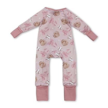 Long sleeves pink bow baseball baby girls zipper romper
