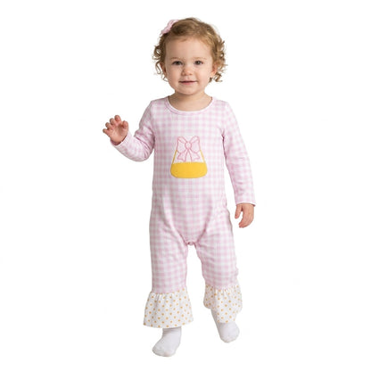 Pink plaid candy corn embroidery girls Halloween romper