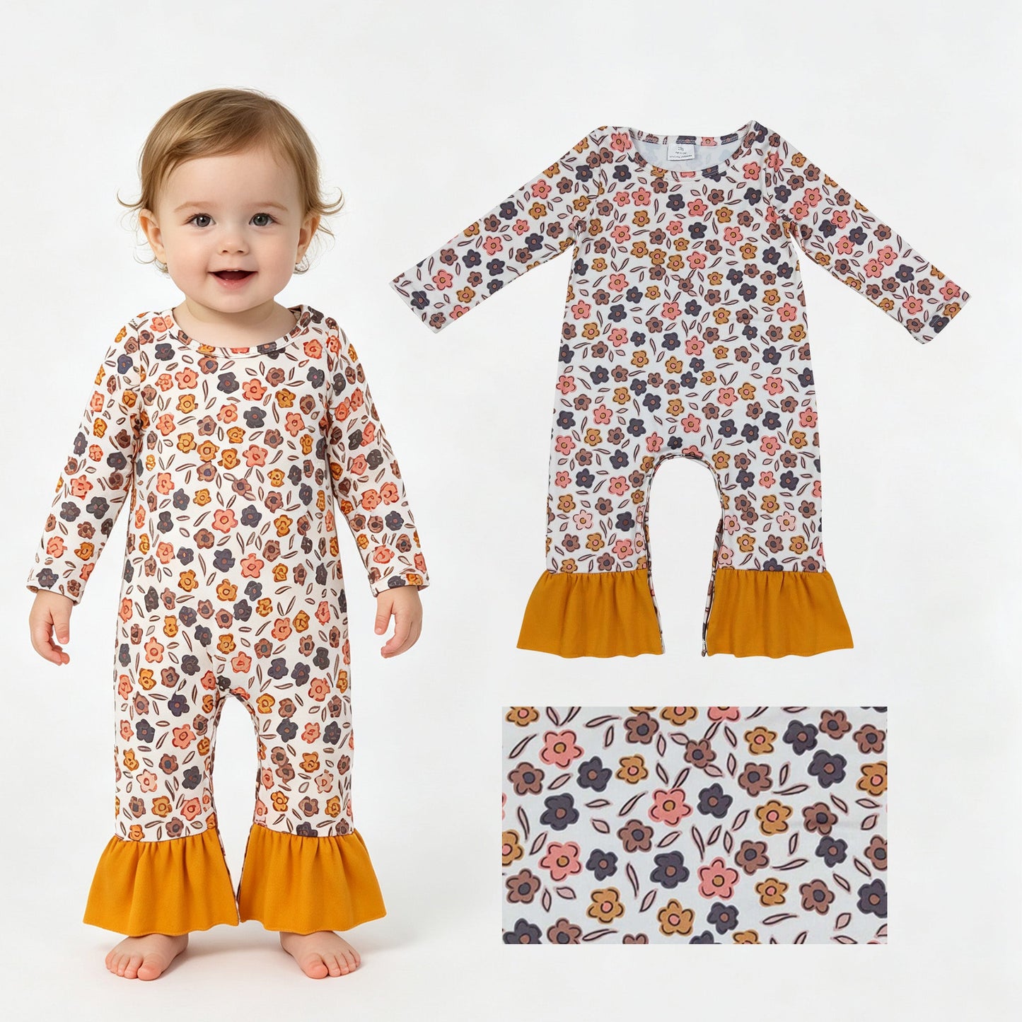 Mustard ruffle floral long sleeves baby girls fall romper