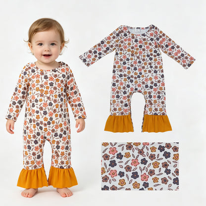 Mustard ruffle floral long sleeves baby girls fall romper