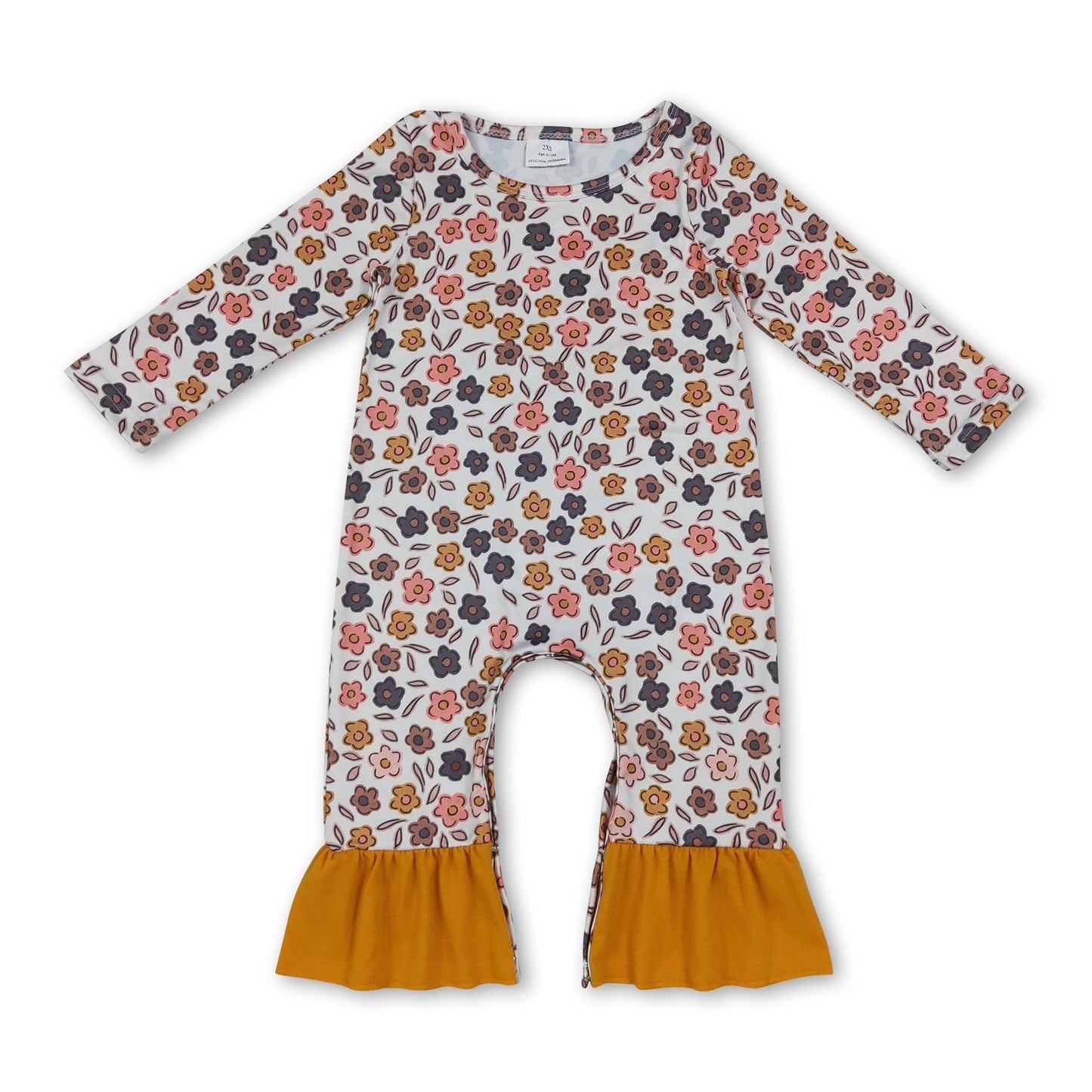 Mustard ruffle floral long sleeves baby girls fall romper