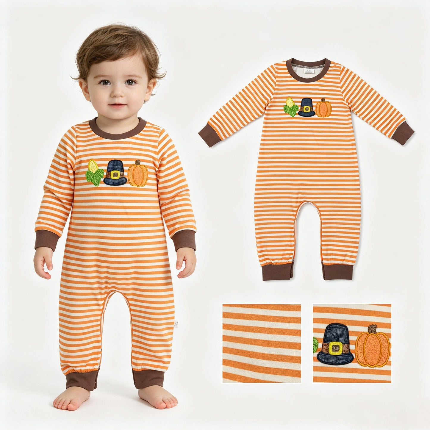 Corn pumpkin embroidery stripe baby boy fall romper