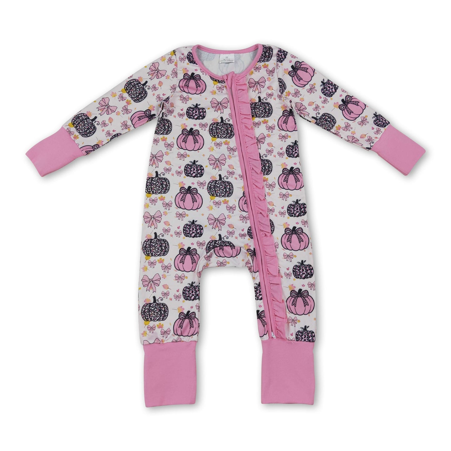 Long sleeves leopard pink bow baby girls fall zipper romper