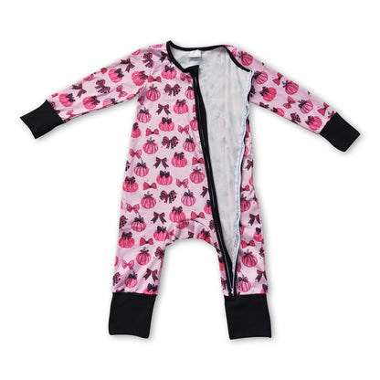 Long sleeves pink pumpkin bows baby fall zipper romper