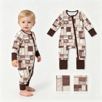 Long sleeves brown camo hunting dog baby boy zipper romper
