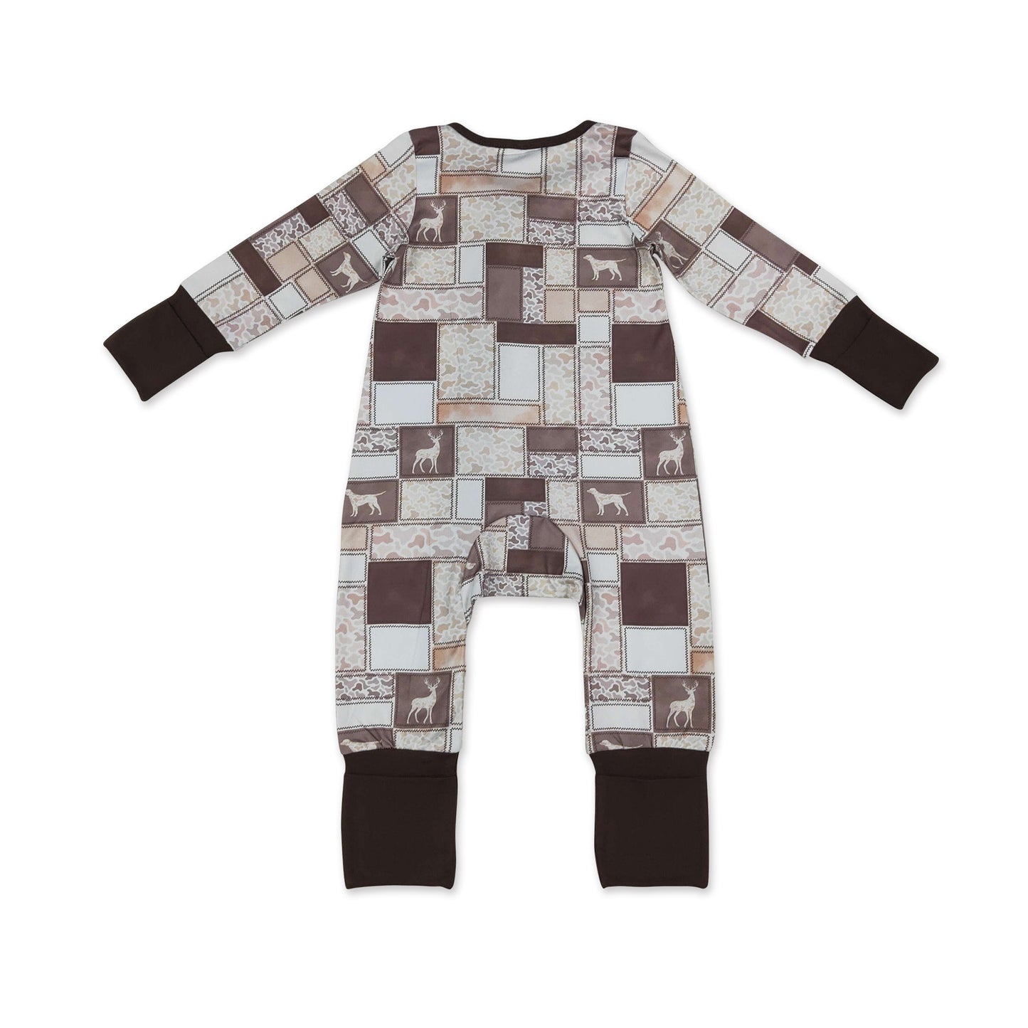 Long sleeves brown camo hunting dog baby boy zipper romper