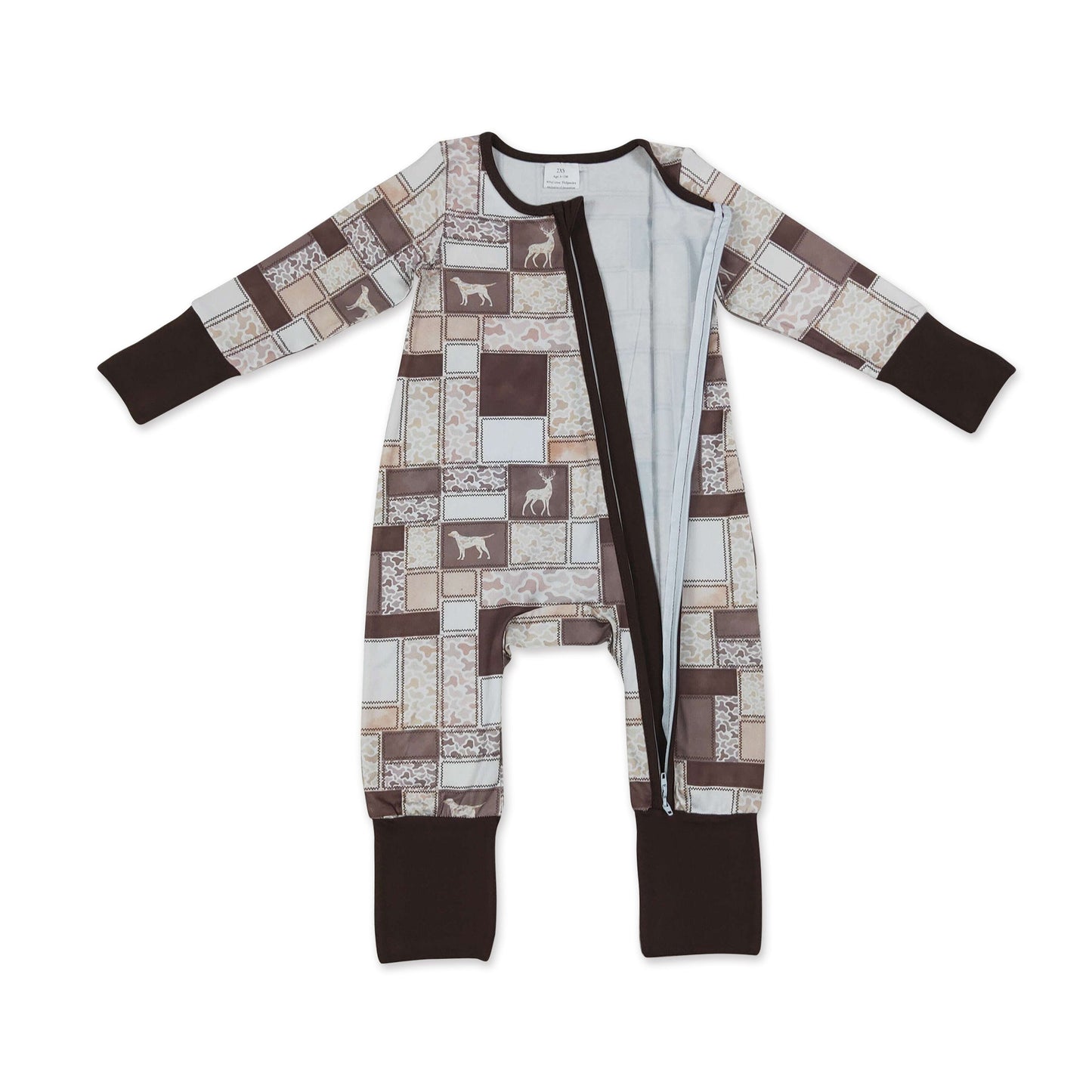 Long sleeves brown camo hunting dog baby boy zipper romper