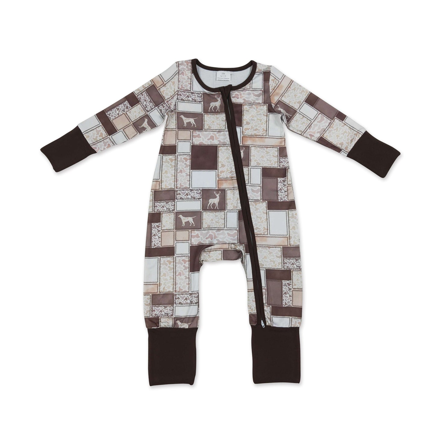 Long sleeves brown camo hunting dog baby boy zipper romper