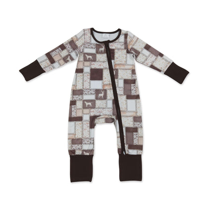 Long sleeves brown camo hunting dog baby boy zipper romper