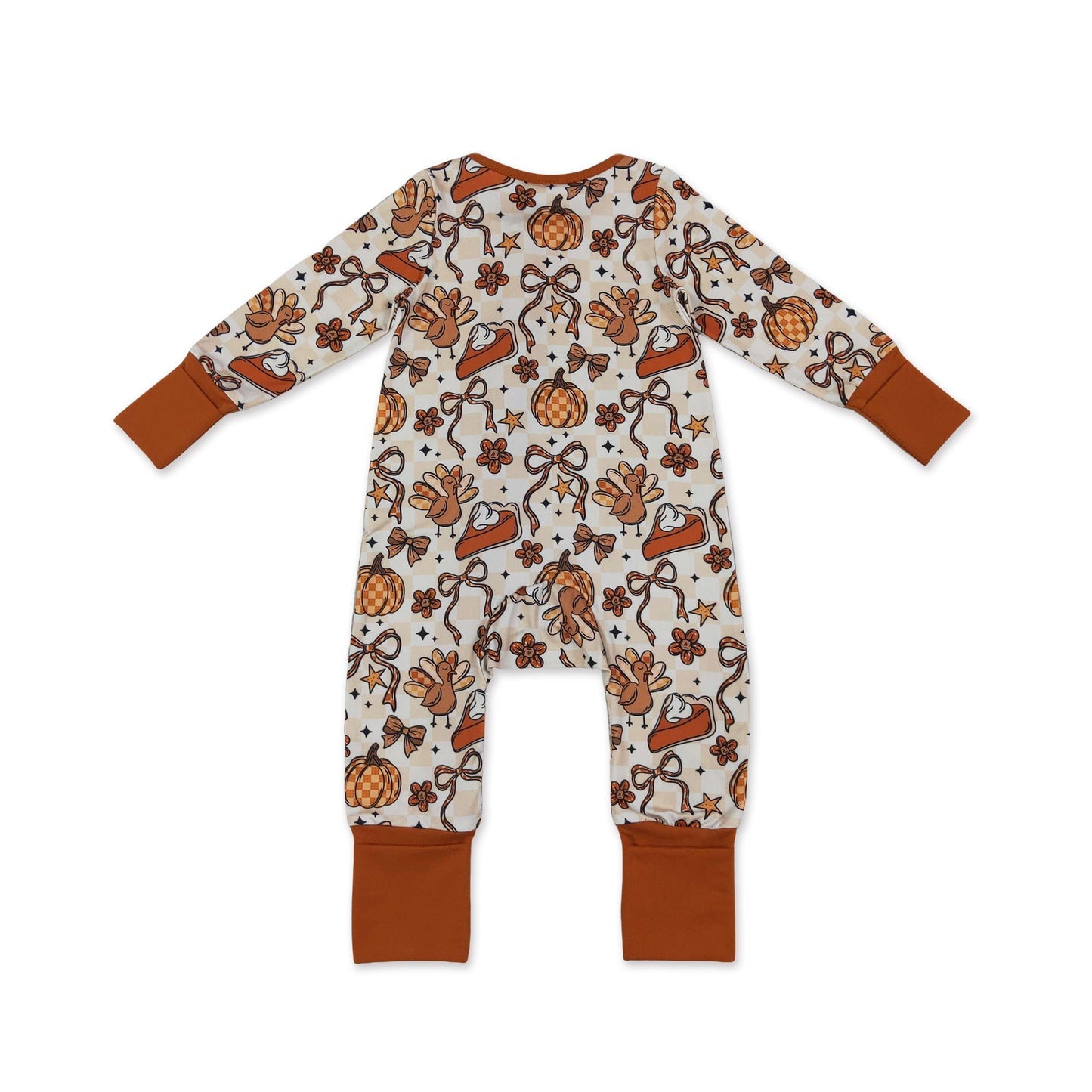 Pumpkin pie turkey bow baby girls Thanksgiving zipper romper