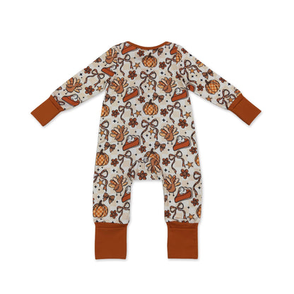 Pumpkin pie turkey bow baby girls Thanksgiving zipper romper