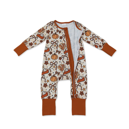 Pumpkin pie turkey bow baby girls Thanksgiving zipper romper
