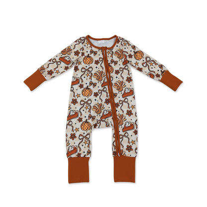 Pumpkin pie turkey bow baby girls Thanksgiving zipper romper