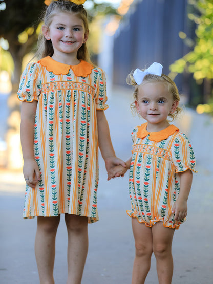 Fall Floral Stripe Girls Dress Petals Collar Smocked