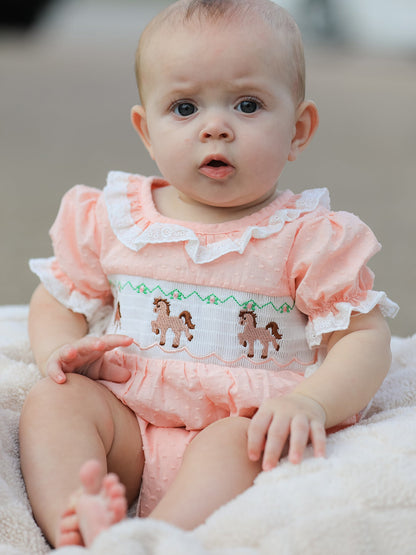 Western Horse Embroidery Girls Romper Lace Petals Collar Puff Sleeve