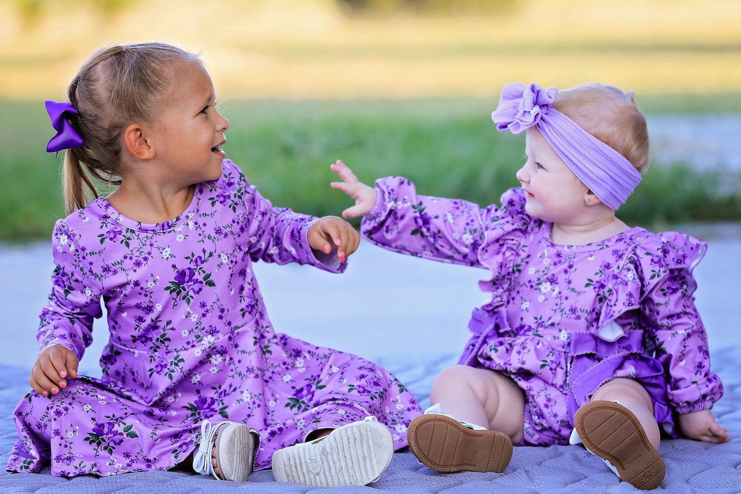 Fall Lavender Floral Print Girls Long Sleeve Twirl Dress