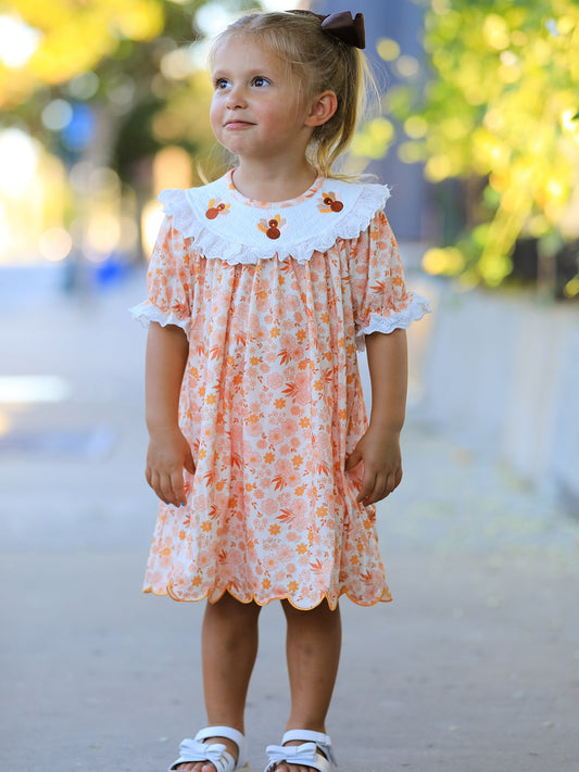 Thanksgiving Turkey Floral Lace Ruffle Girls Dress
