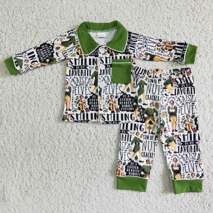 Green long sleeve pocket naughty and nice boy Christmas pajamas