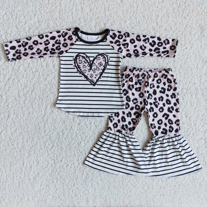 Heart print leopard bell bottom pants kids girls boutique valentine's clothing