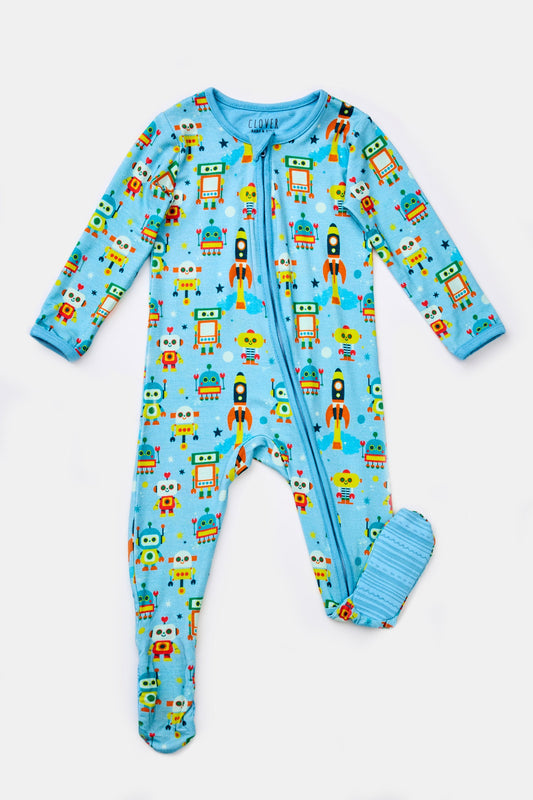 Soft & Stretchy Zipper Footie - Robots