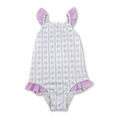Flutter sleeves floral stripe baby girls one piece swimsuit