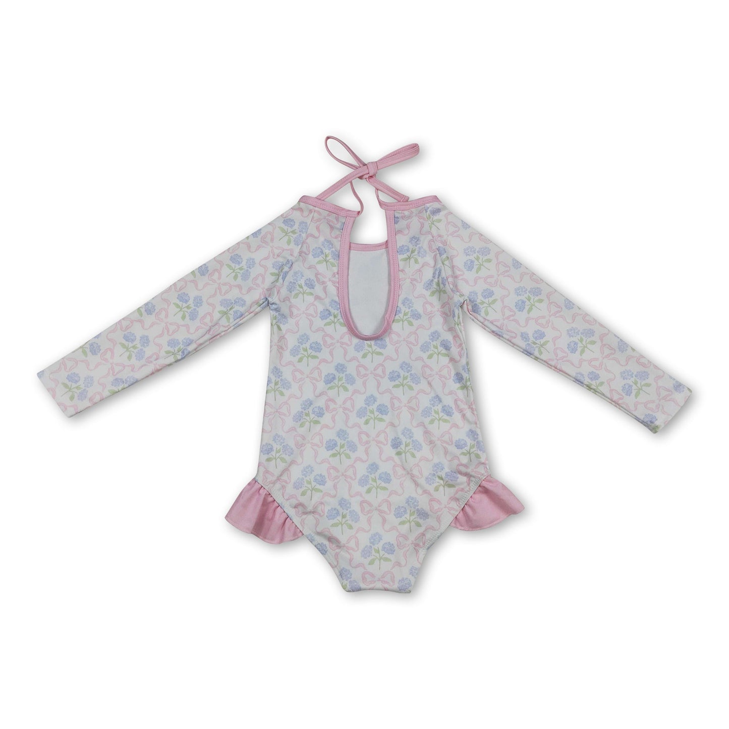 Long sleeves bow floral baby girls one piece swimsuit