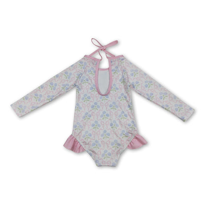 Long sleeves bow floral baby girls one piece swimsuit