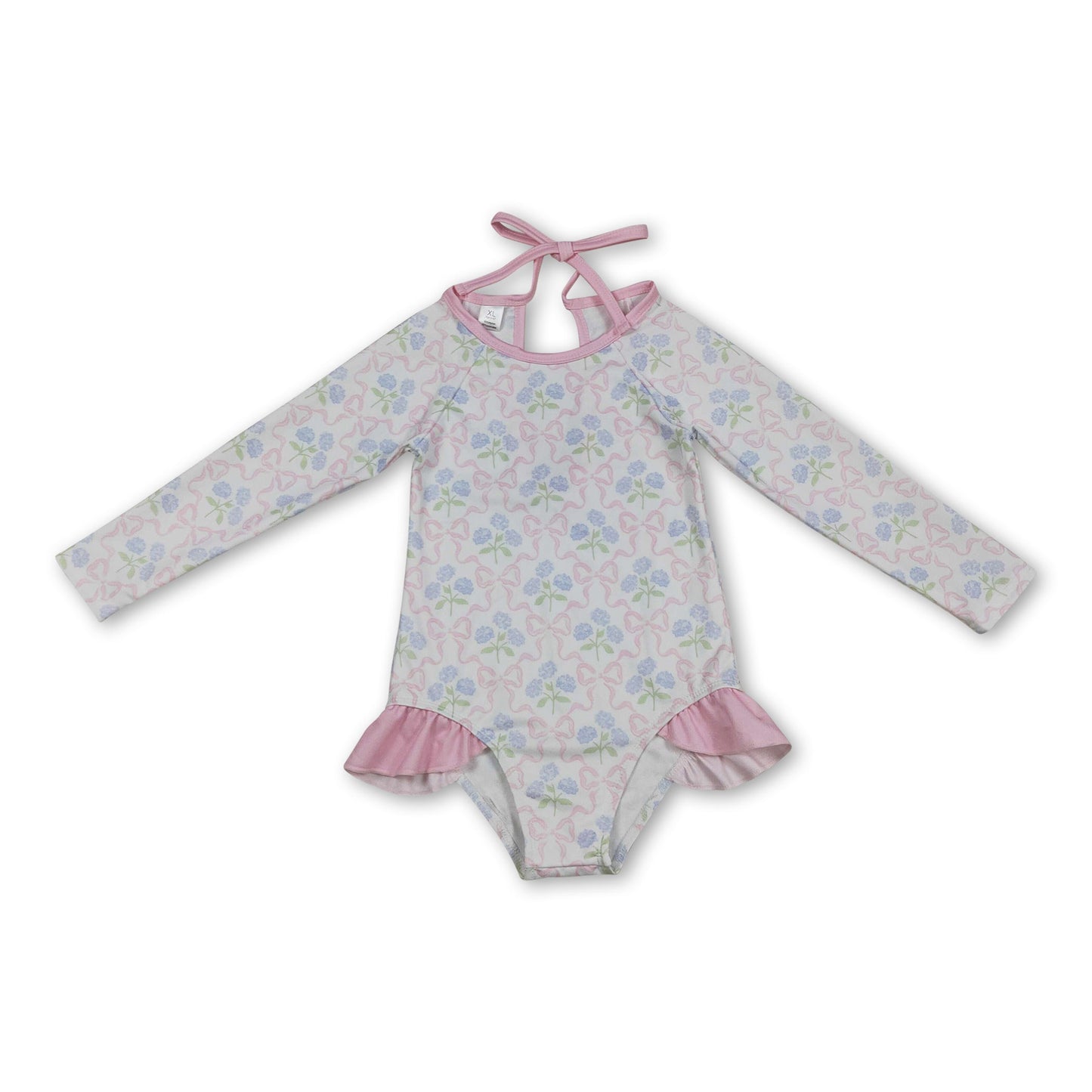 Long sleeves bow floral baby girls one piece swimsuit