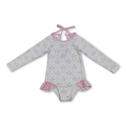 Long sleeves bow floral baby girls one piece swimsuit