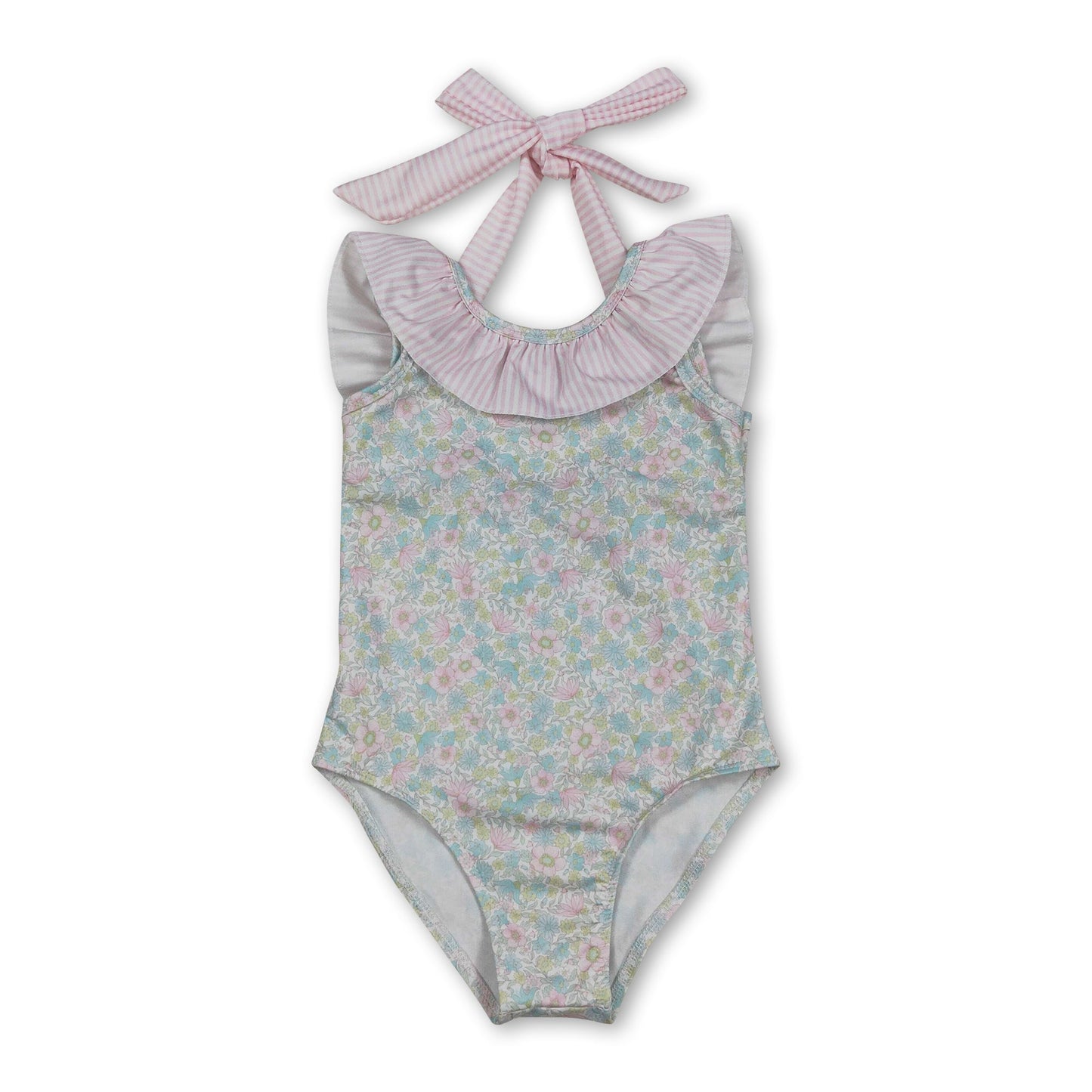 Sleeveless pink stripe ruffle floral girls one piece swimsuit
