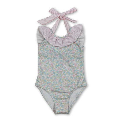 Sleeveless pink stripe ruffle floral girls one piece swimsuit