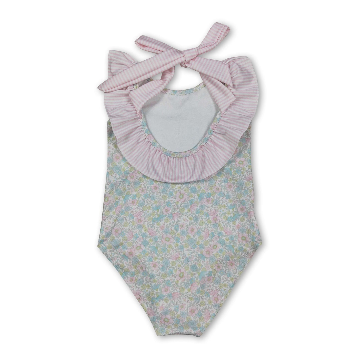 Sleeveless pink stripe ruffle floral girls one piece swimsuit