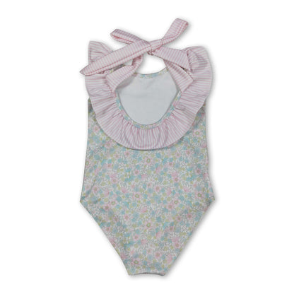 Sleeveless pink stripe ruffle floral girls one piece swimsuit