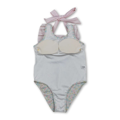 Sleeveless pink stripe ruffle floral girls one piece swimsuit