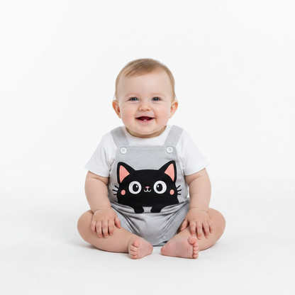 IURNXB Summer Infant Cartoon Black Cat Printed Unisex Romper with Suspenders (0-18M)
