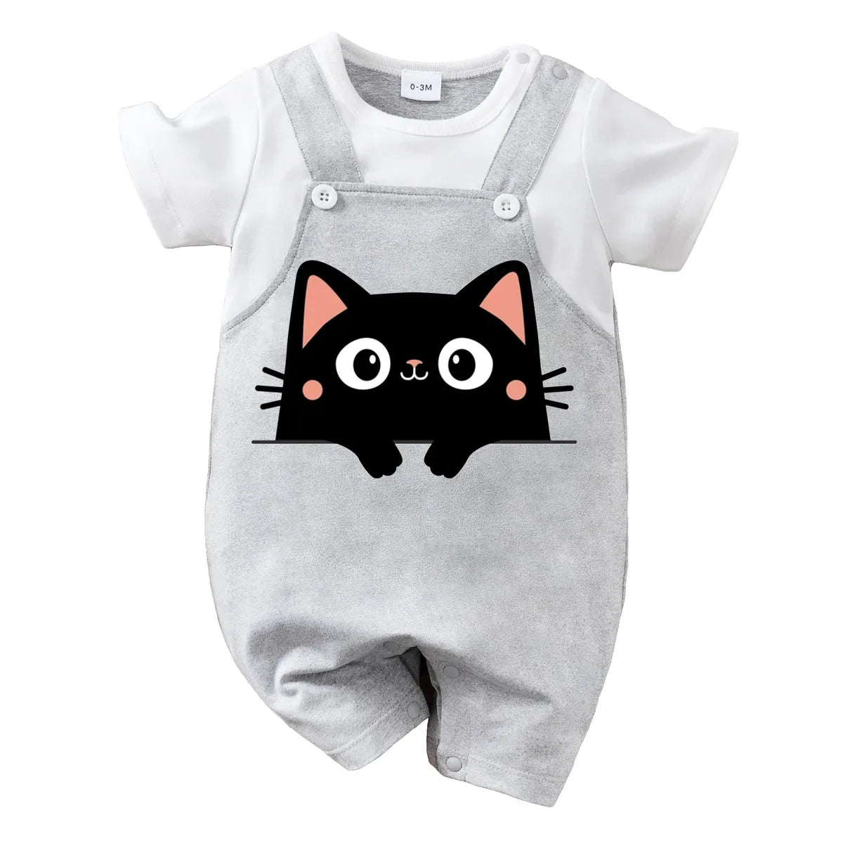 IURNXB Summer Infant Cartoon Black Cat Printed Unisex Romper with Suspenders (0-18M)