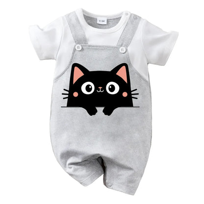 IURNXB Summer Infant Cartoon Black Cat Printed Unisex Romper with Suspenders (0-18M)