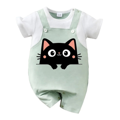 IURNXB Summer Infant Cartoon Black Cat Printed Unisex Romper with Suspenders (0-18M)