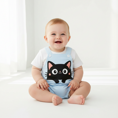 IURNXB Summer Infant Cartoon Black Cat Printed Unisex Romper with Suspenders (0-18M)