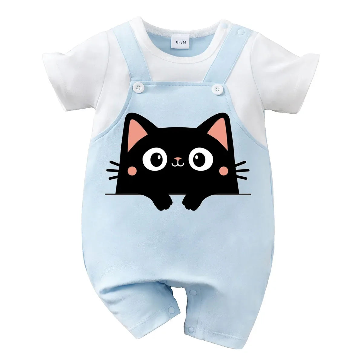 IURNXB Summer Infant Cartoon Black Cat Printed Unisex Romper with Suspenders (0-18M)