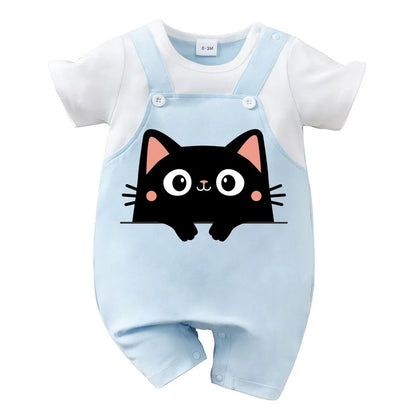 IURNXB Summer Infant Cartoon Black Cat Printed Unisex Romper with Suspenders (0-18M)