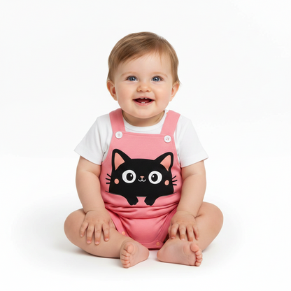 IURNXB Summer Infant Cartoon Black Cat Printed Unisex Romper with Suspenders (0-18M)