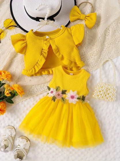 Infant Summer Floral Vest Mesh Dress Jacket Set with Hair Accessories