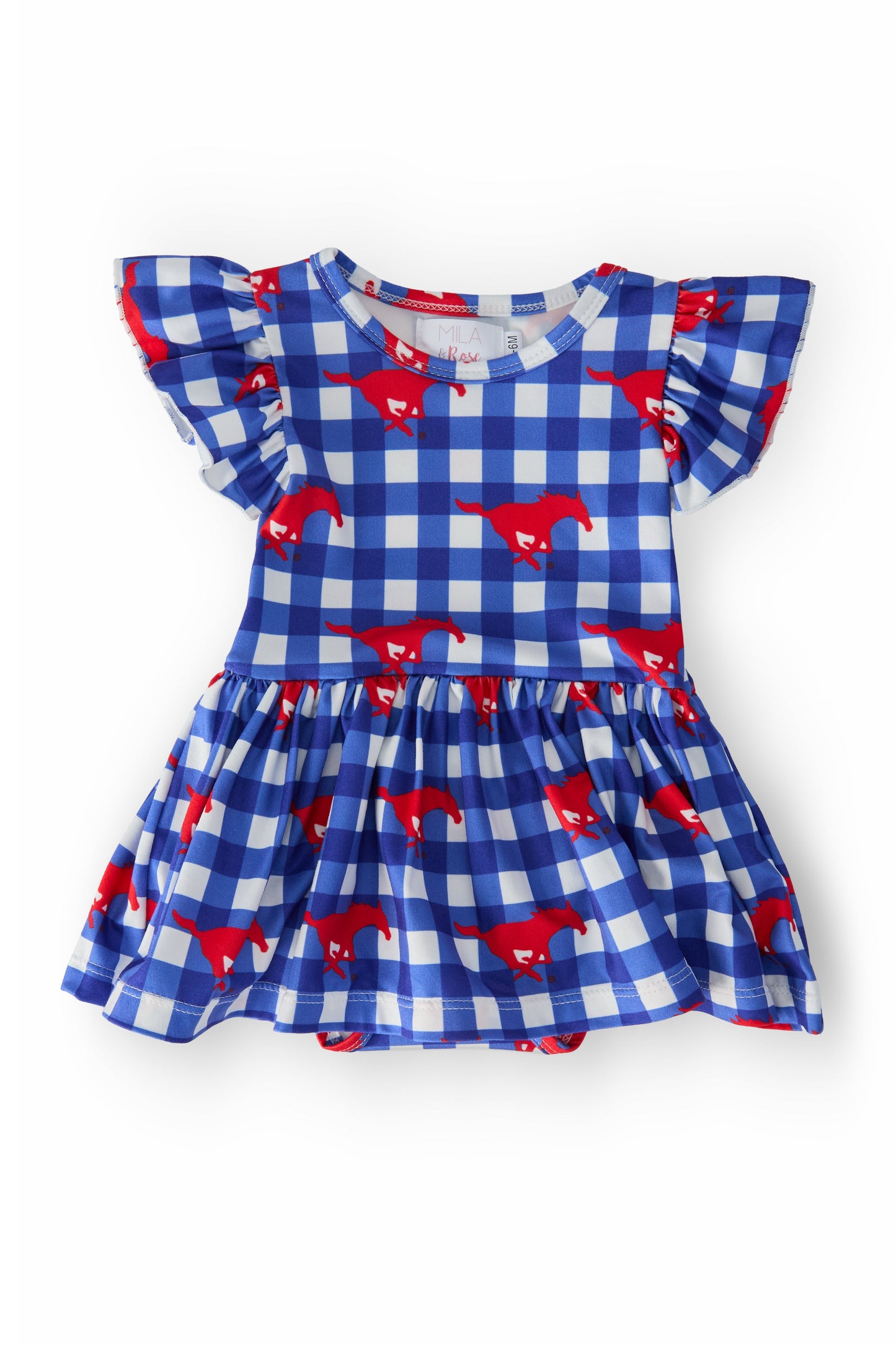 SMU Plaid Mustang S/S Flutter Twirl Bodysuit