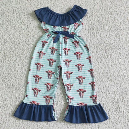 Ruffle collar backless cow print jumpsuit baby girls jumper