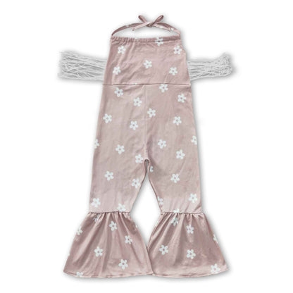 Khaki floral tassels halter baby girls jumpsuit