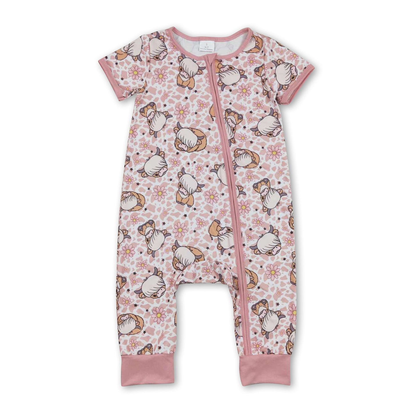 Short sleeves highland cows floral baby girls zipper romper